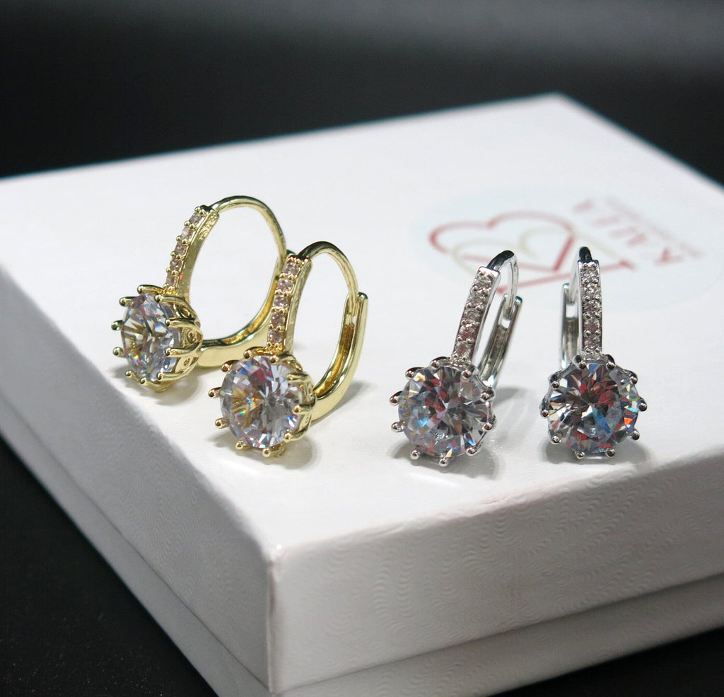 18K Gold Crystal Hoop Earrings, Crystal CZ Gem Studs, Wedding Bridal Solitaire Diamond Hoop Earring, Lever Back Minimalist Crystal Earrings - KaleaBoutique.com
