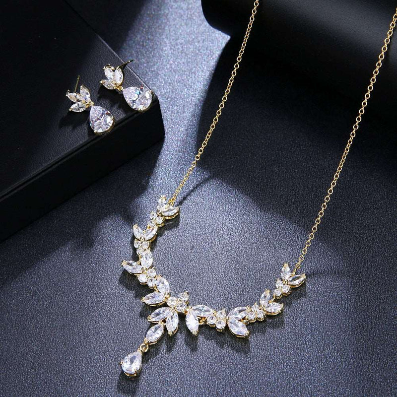 Bridal Diamond Gem Necklace and Earrings Set, Wedding Crystal Necklace Set, 14K Gold or Platinum - KaleaBoutique.com