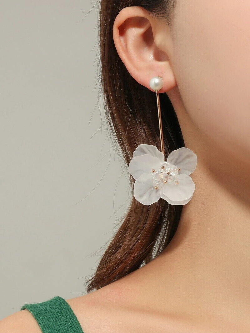 White Flower Bridal Ear Jacket Studs, Floral Wedding Earrings, Gold 2-in-1 Dangle Ear Jacket Earrings, Pink or White - KaleaBoutique.com