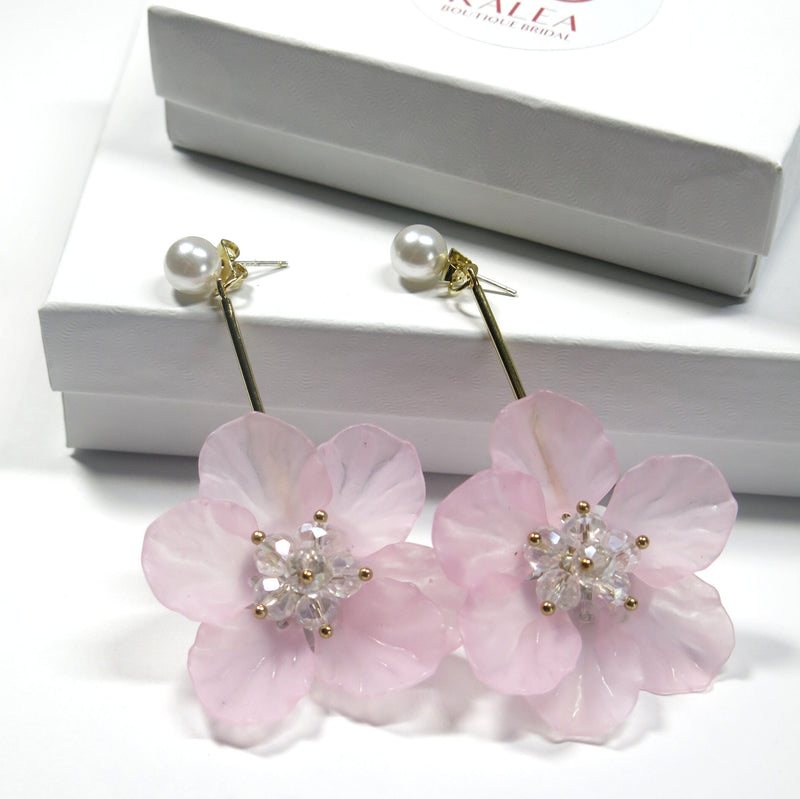 White Flower Bridal Ear Jacket Studs, Floral Wedding Earrings, Gold 2-in-1 Dangle Ear Jacket Earrings, Pink or White - KaleaBoutique.com