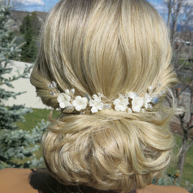 Bridal Off White Epoxy Flower Hair Vine, Wedding Flower Wire Headband, Silver Wire Head Wreath Hairpiece - KaleaBoutique.com