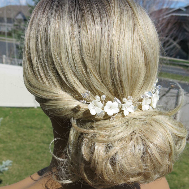 Bridal Off White Epoxy Flower Hair Vine, Wedding Flower Wire Headband, Silver Wire Head Wreath Hairpiece - KaleaBoutique.com
