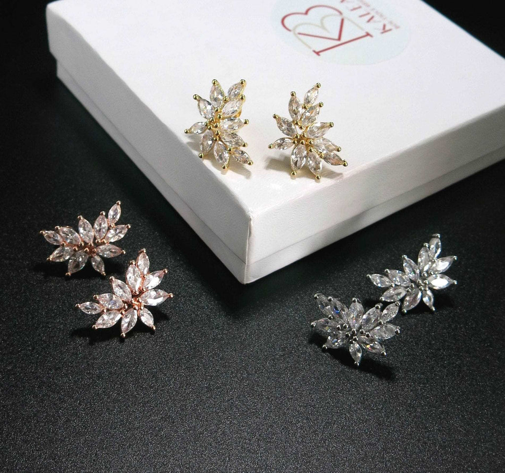 Bridal 14K Gold Plated Crystal Leaf Studs, Crystal CZ Gem Floral Earrings, Wedding Bridesmaid Earrings or Necklace - KaleaBoutique.com