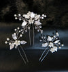 Bridal Pearl Embossed Leaf 3 PC Hair Pin Set, Wedding Floral Pearl Cluster Hairpin, Bride or Bridesmaid Flower Hairpins - KaleaBoutique.com