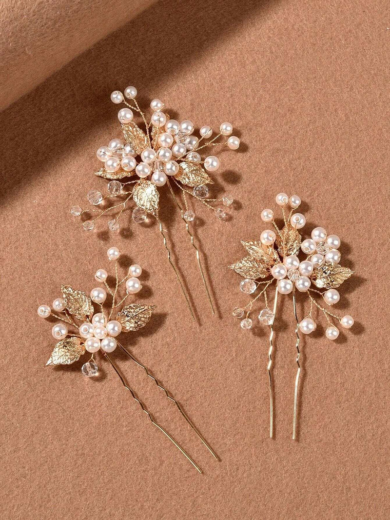 Bridal Pearl Embossed Leaf 3 PC Hair Pin Set, Wedding Floral Pearl Cluster Hairpin, Bride or Bridesmaid Flower Hairpins - KaleaBoutique.com