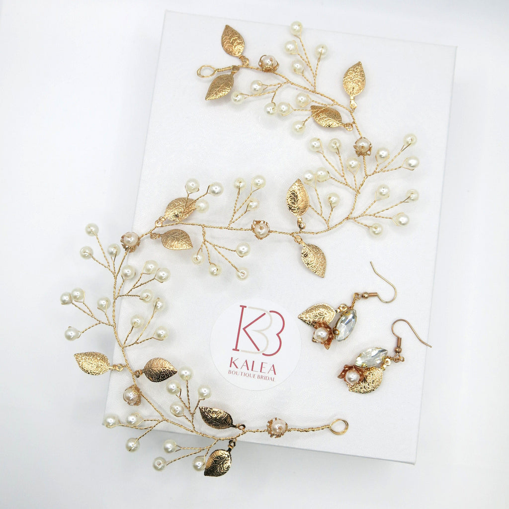 Bridal Gold Wire Hair Vine and Earrings 3 PC Jewelry Set, Flower Girl Tiara Earrings, Wedding Pearl Hair Vine Earring Set - KaleaBoutique.com