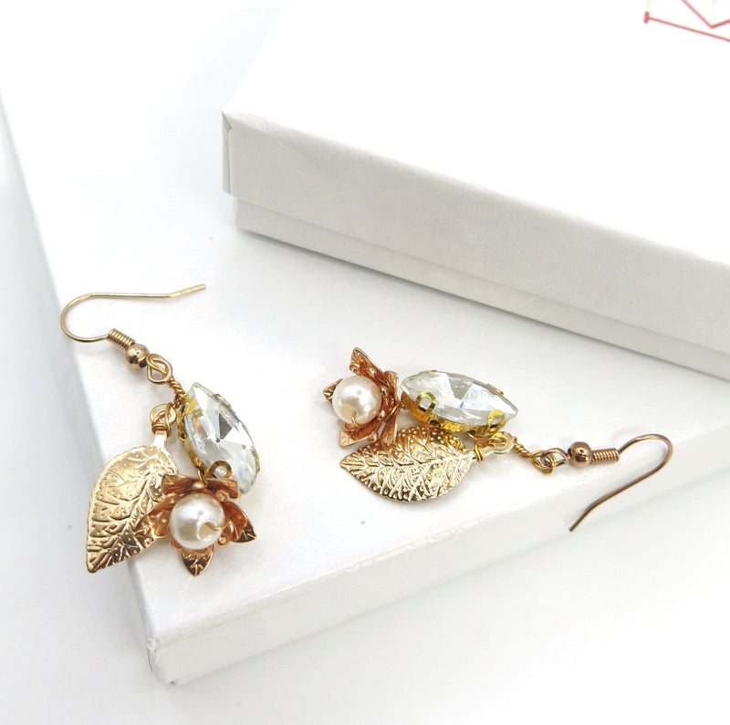 Bridal Gold Wire Hair Vine and Earrings 3 PC Jewelry Set, Flower Girl Tiara Earrings, Wedding Pearl Hair Vine Earring Set - KaleaBoutique.com
