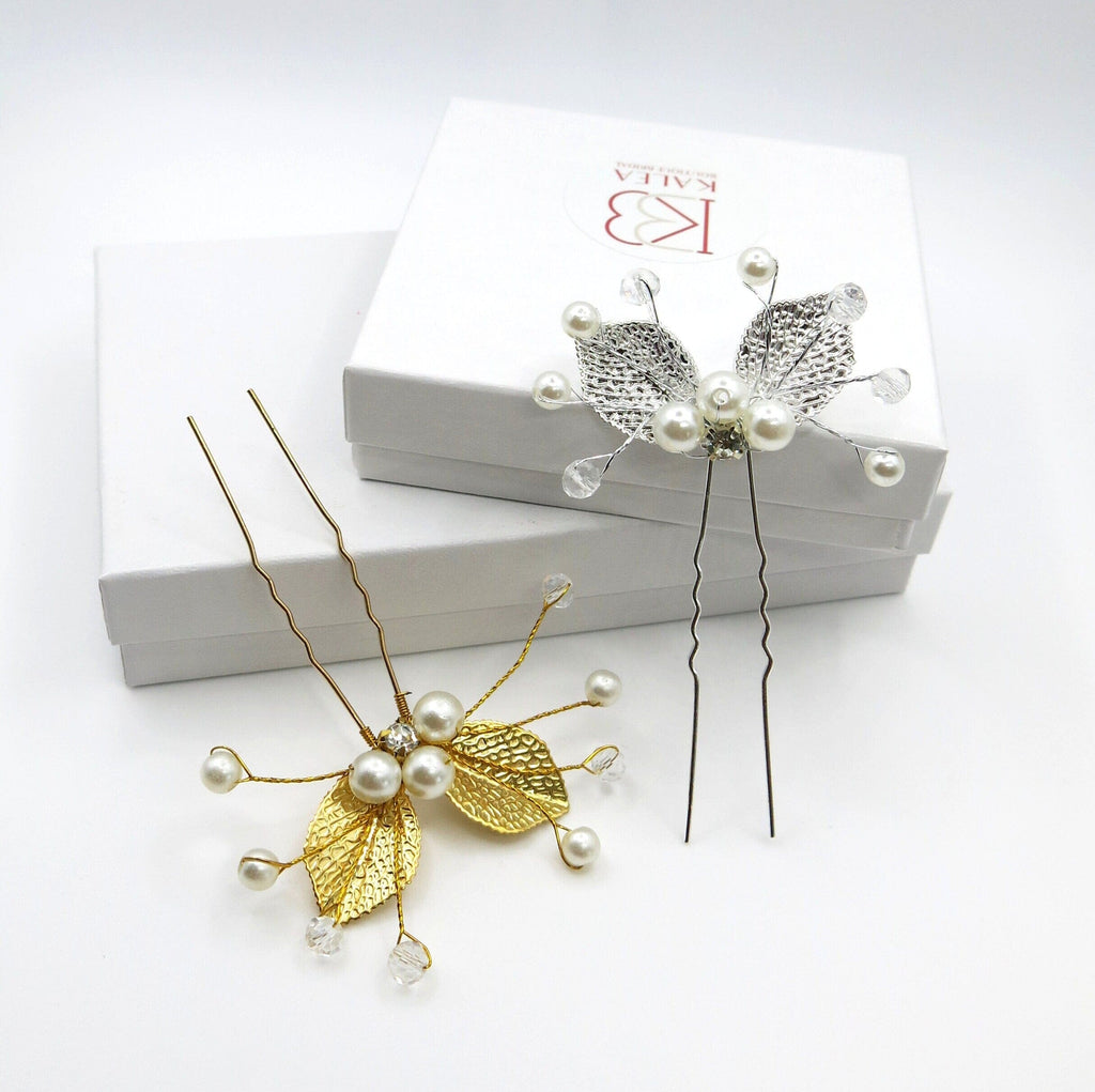 Bridal Pearl and Leaf 2 PC Hairpin Set for Wedding, Silver Leaf Floral Hairpiece, Two Embossed Metal Leaf Hairpins - KaleaBoutique.com