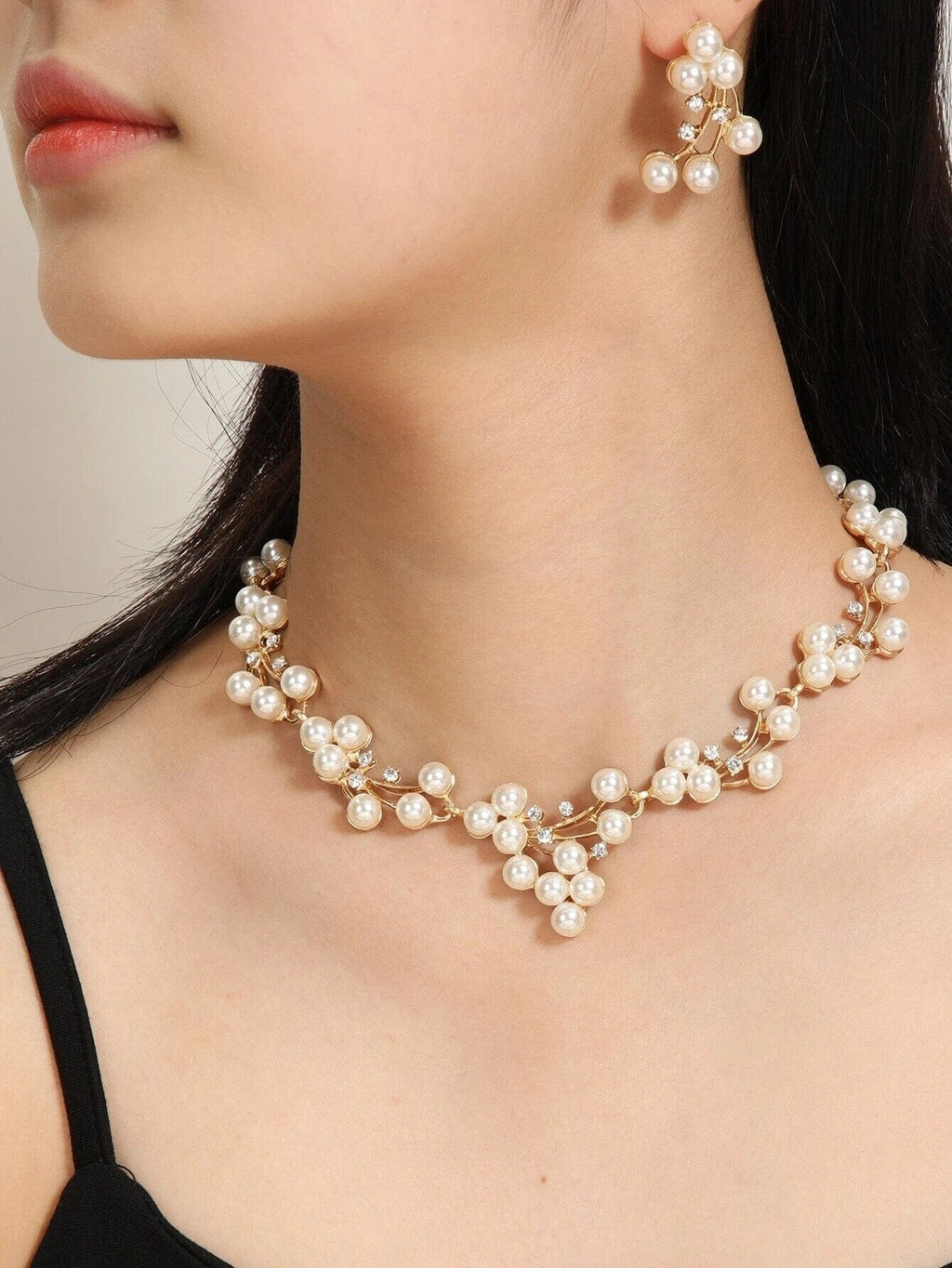Bridal Big Pearl Cluster Necklace and Earrings 3 PC Jewelry Set, Large Pearl Prom Earrings and a Choker Necklace Wedding 3 PC Jewelry Set - KaleaBoutique.com