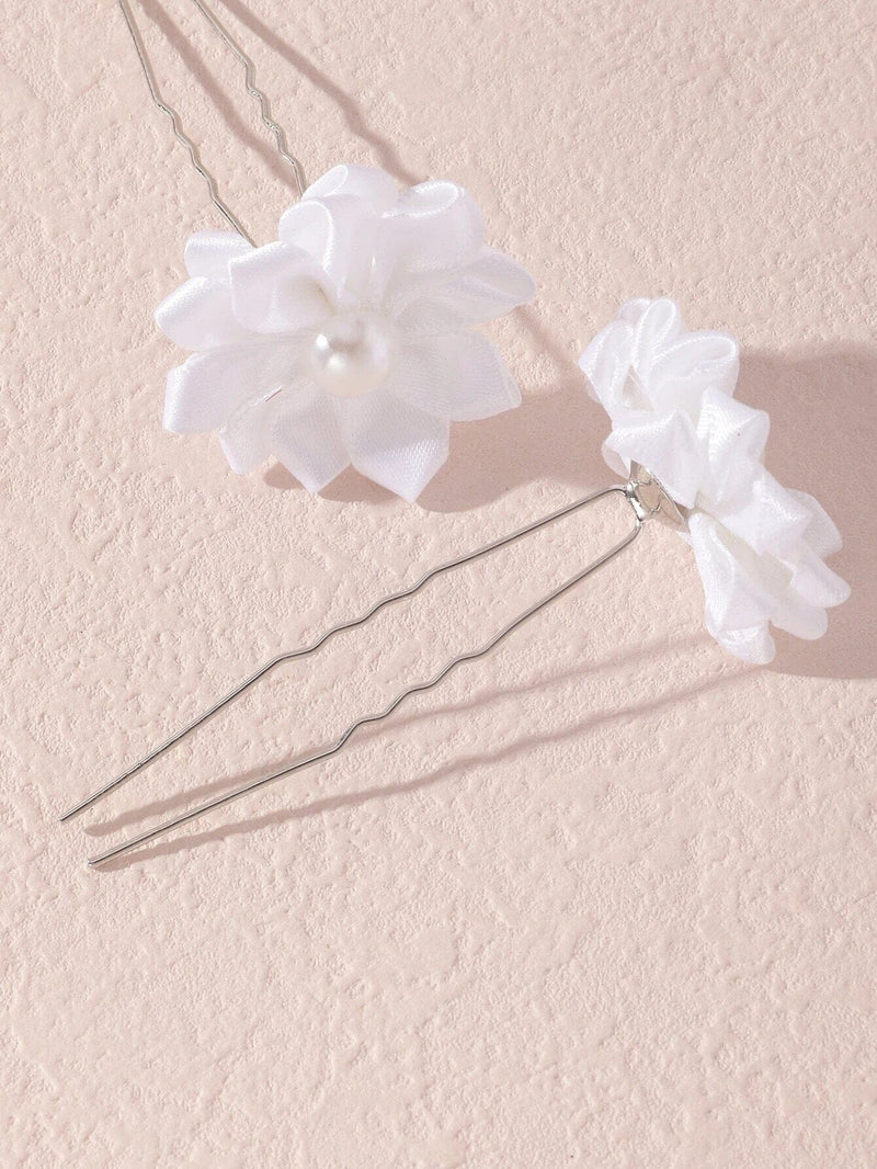 Bridal Silk Ribbon 5 PC Hairpin Set, Wedding White Floral Hairpins, Flower Girl Hairpiece Hair Pin, Bridesmaid Silk Flower Hairpin Set - KaleaBoutique.com