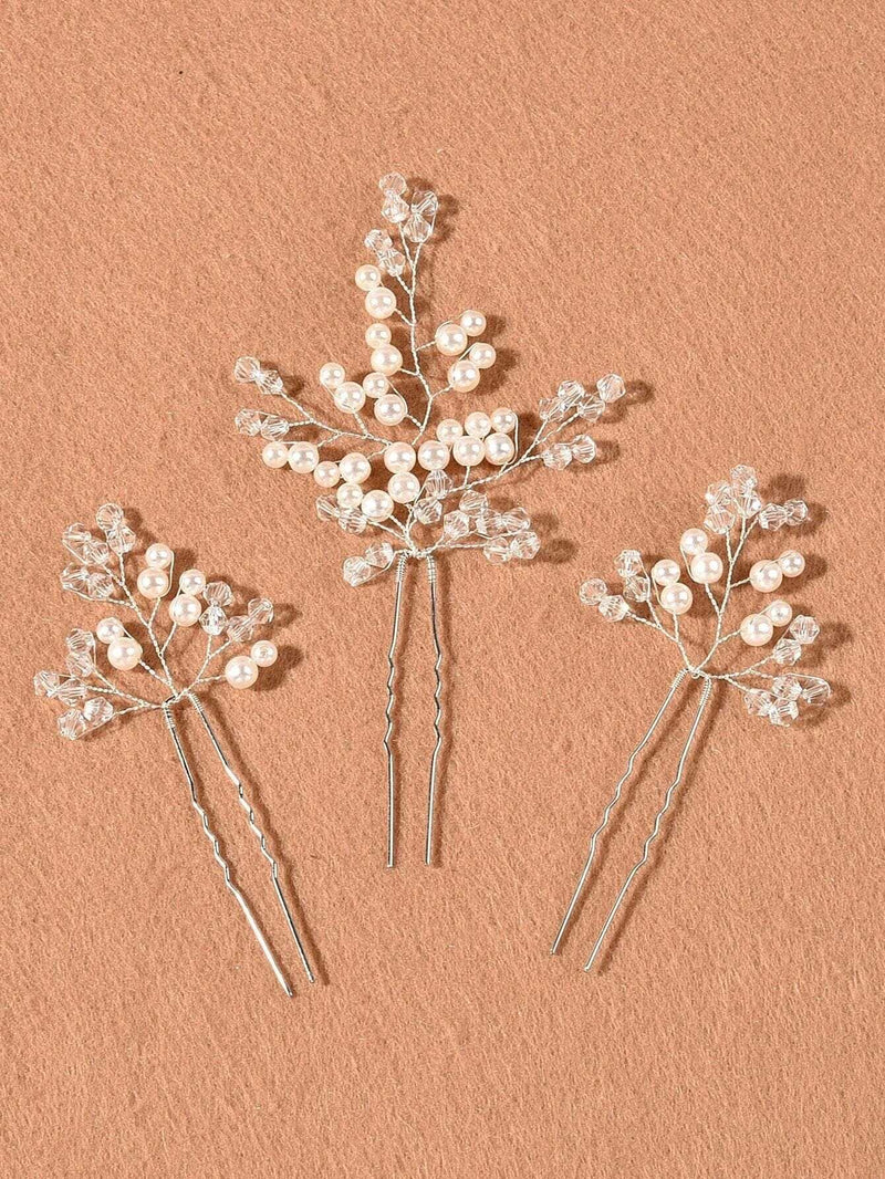 Bridal Crystal Branch 3 PC Hairpin Set, Wedding Pearl Hairpiece Set, Bridesmaid Wire Hair Pins, Crystal Floral Headpieces for Bride - KaleaBoutique.com