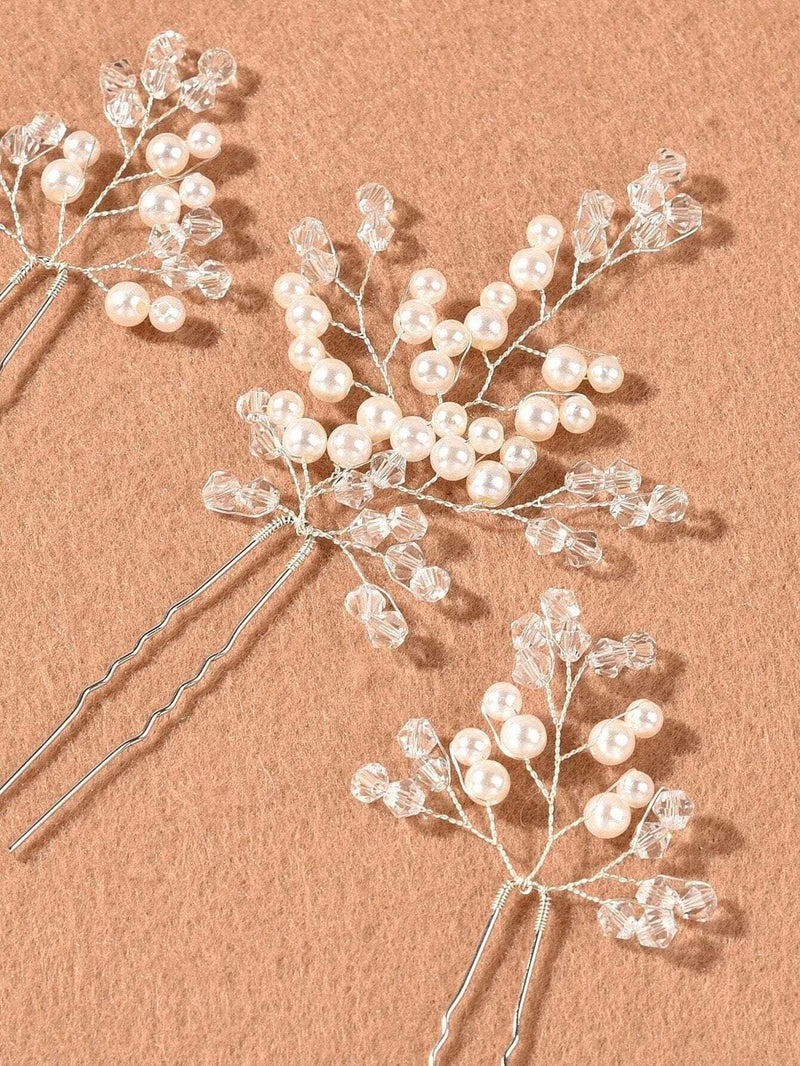 Bridal Crystal Branch 3 PC Hairpin Set, Wedding Pearl Hairpiece Set, Bridesmaid Wire Hair Pins, Crystal Floral Headpieces for Bride - KaleaBoutique.com