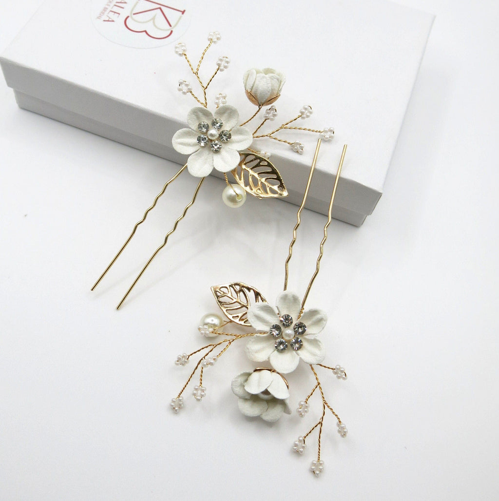 Bridal White Flower 2 PC Hairpin Set, Wedding Fabric Hair Pins, Floral Pearl Wire Hairpiece, Bridesmaid Silk Flower Hairpin 2 PC Set - KaleaBoutique.com