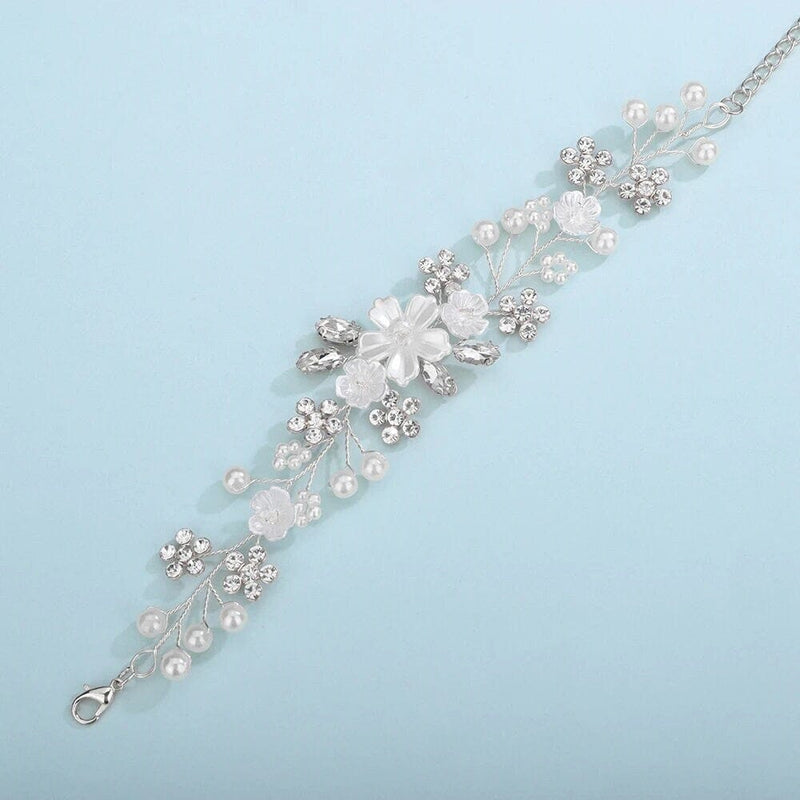 Bridal White Flower Wire Bracelet, Floral Pearl Wire Bracelet, Wedding Crystal Leaf Bracelet, Wedding Floral Rhinestone Bracelet for Bride - KaleaBoutique.com