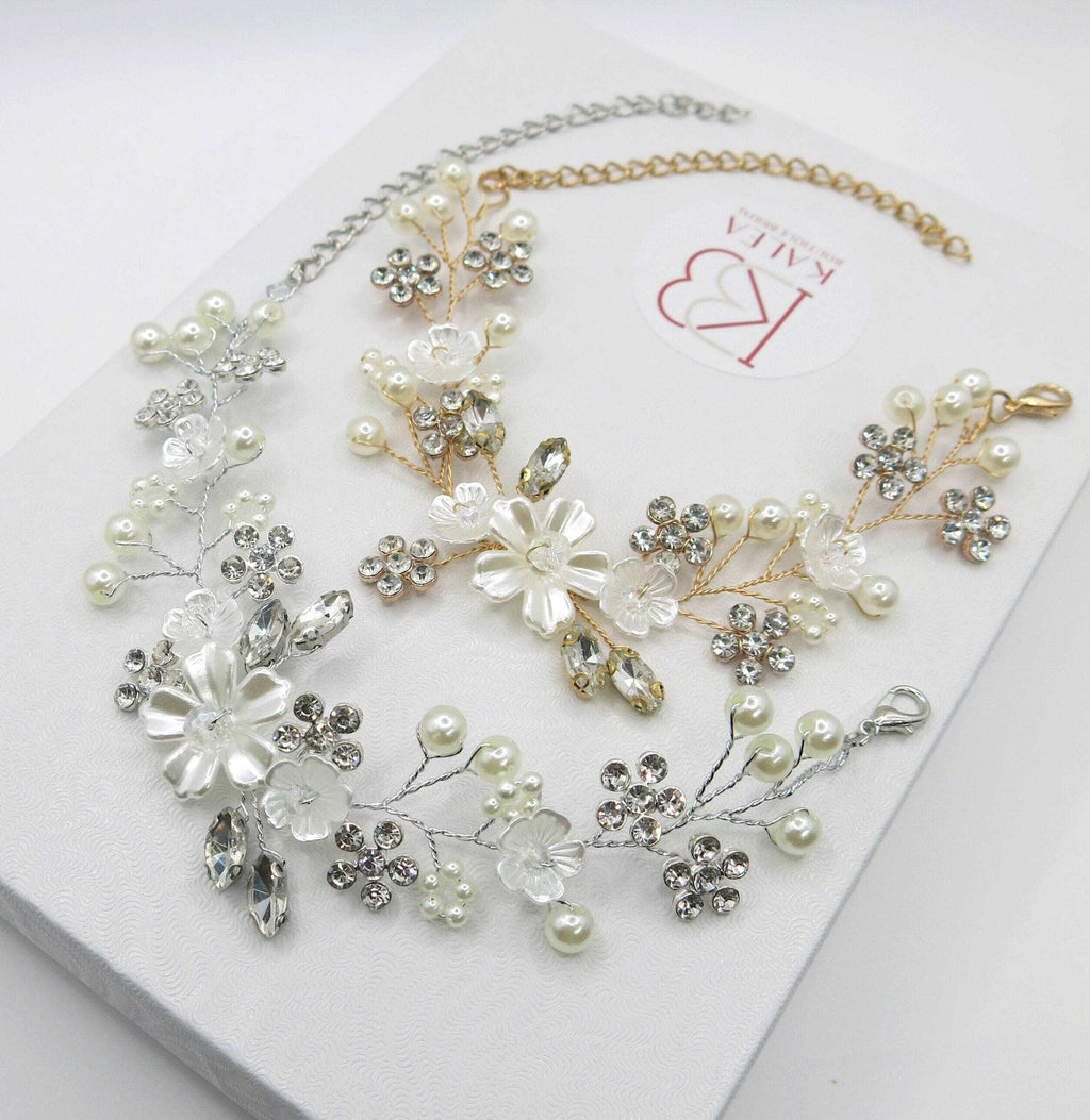 Bridal White Flower Wire Bracelet, Floral Pearl Wire Bracelet, Wedding Crystal Leaf Bracelet, Wedding Floral Rhinestone Bracelet for Bride - KaleaBoutique.com