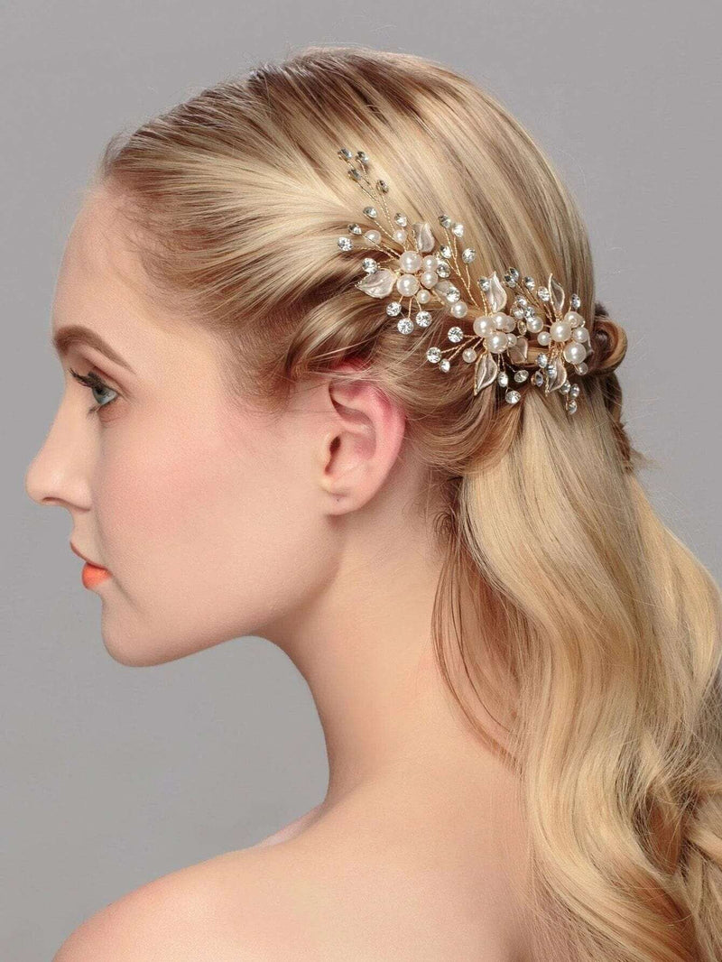 Metal Leaf and Pearl Bridal Hairpin, Rhinestone Floral Pearl Wedding Hair Pin, Bridal Pearl Flower Hairpiece - KaleaBoutique.com