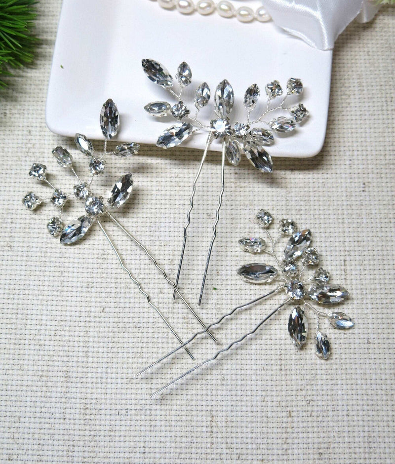 Clear Rhinestone Crystal 3 PC Hairpin Set, Bridal Wire Hair Pins, Wedding Crystal Hairpiece Set - KaleaBoutique.com