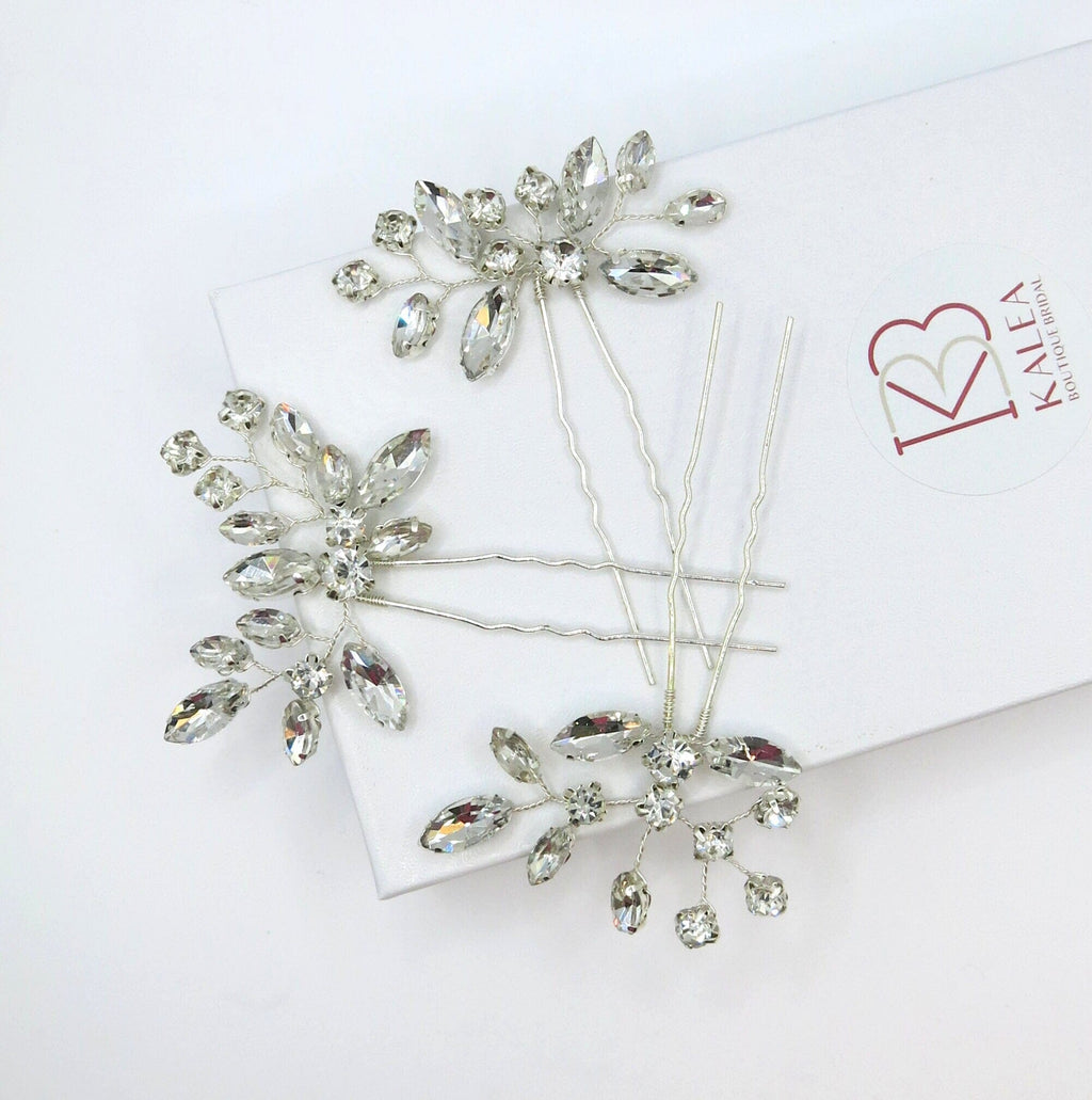 Clear Rhinestone Crystal 3 PC Hairpin Set, Bridal Wire Hair Pins, Wedding Crystal Hairpiece Set - KaleaBoutique.com