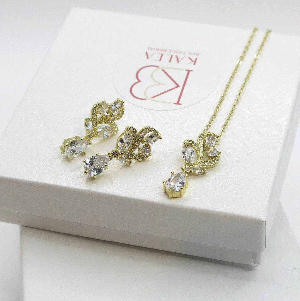 Crystal Bridal Pendant Necklace or Ear Studs, Wedding CZ Diamond Pendant, 14K Gold Plated Bridesmaid Jewelry - KaleaBoutique.com