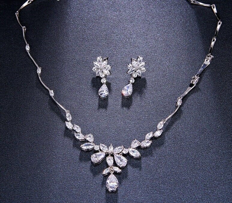 Crystal CZ Floral Bridal Necklace and Earring 3 PC Set, Wedding Platinum Plated Link Jewelry Set - KaleaBoutique.com