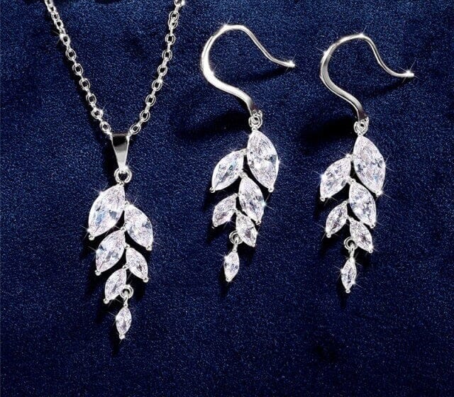 Crystal Leaf Bridal Necklace and Earrings 3 PC Set, CZ Crystal Wedding Bridesmaid Jewelry Set - KaleaBoutique.com