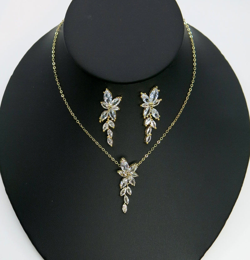 Crystal Leaf Pendant Necklace and Earrings 3 PC Jewelry Set, Bridesmaid CZ Diamond Jewelry, Wedding Crystal Jewelry Set - KaleaBoutique.com
