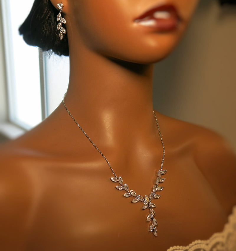 Crystal Leaf Bridal 3 PC Y-Necklace and Earrings Set, Gem Leaf Necklace Set, CZ Diamond Crystal Jewelry Set - KaleaBoutique.com