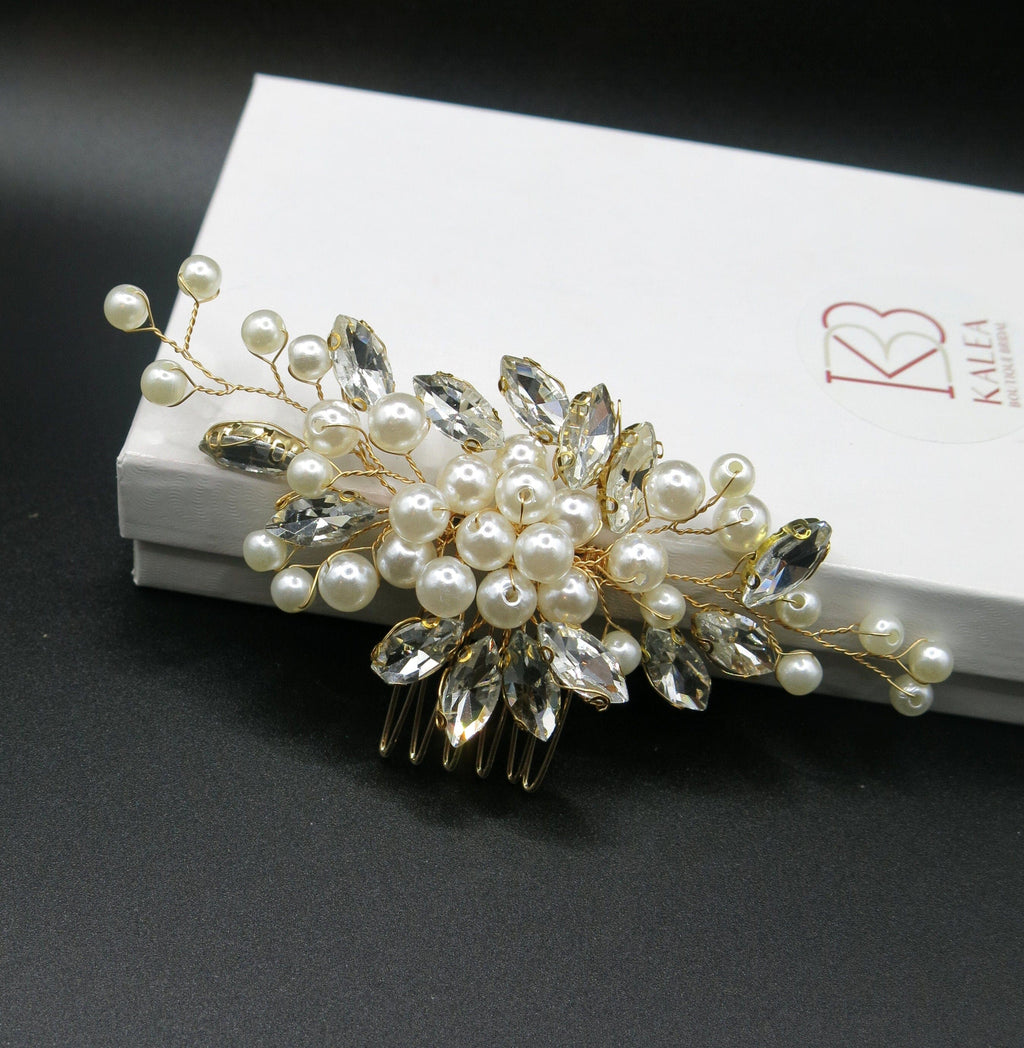 Crystal Leaf Bridal Pearl Hair Comb, Wedding Rhinestone Leaf Hairpin, Bridal Pearl Decorative Prom Hair Comb - KaleaBoutique.com