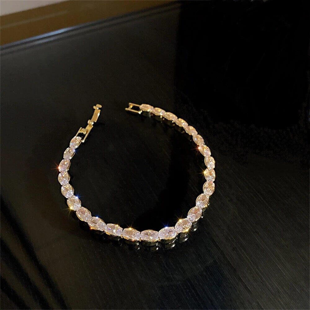 Cubic Zirconia CZ Crystal Link Bracelet, Bridal Oval Cut Bracelet for Wedding, 14K Yellow Gold Plated Bracelet - KaleaBoutique.com