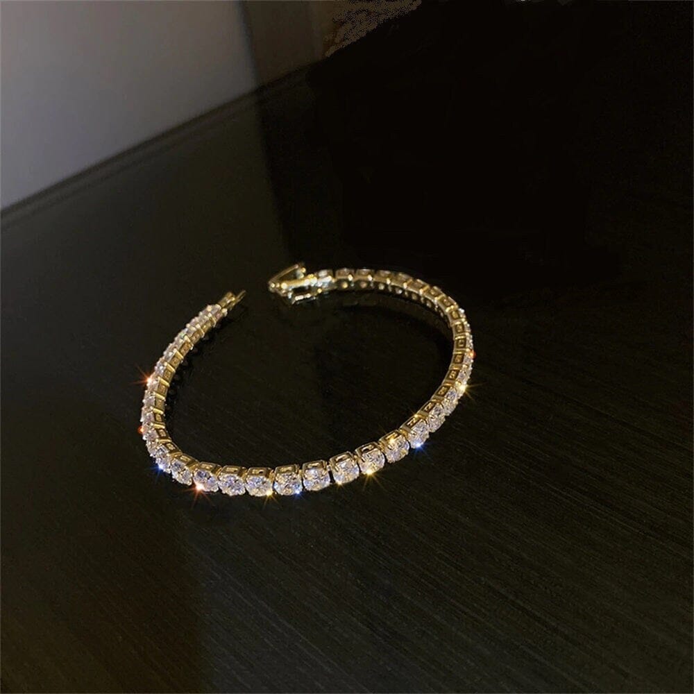 CZ Diamond Link Round Cut Bracelet, Wedding 14K Yellow Gold Plated Crystal Bracelet for Brides and Bridesmaids - KaleaBoutique.com