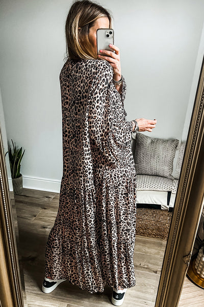 long sleeve leopard maxi dress Boho Leopard & Paisley Print Maxi Dress, Long Flared Ruffle Sleeves, 1-Tier Ruffle Bottom, Front Button Closure, Drawstring Tassel Waist Tie