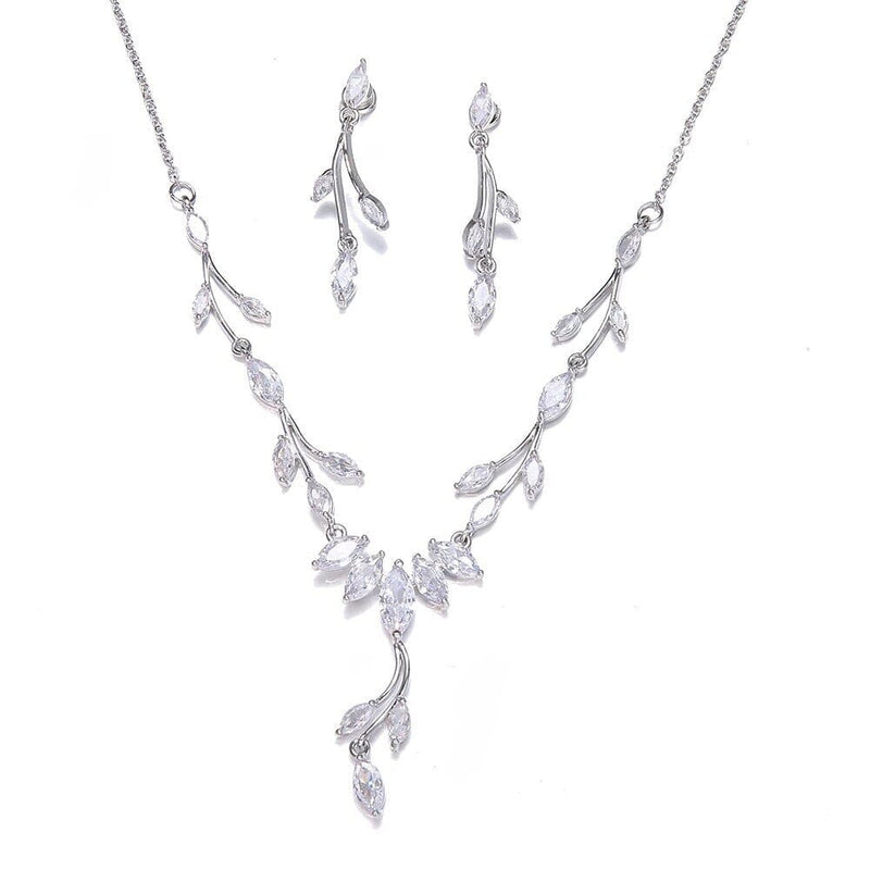 Diamond Gem Marquise Cut 3 PC Wedding Jewelry Set, Platinum Plated Bridal CZ Crystal Y Necklace and Earrings Set - KaleaBoutique.com