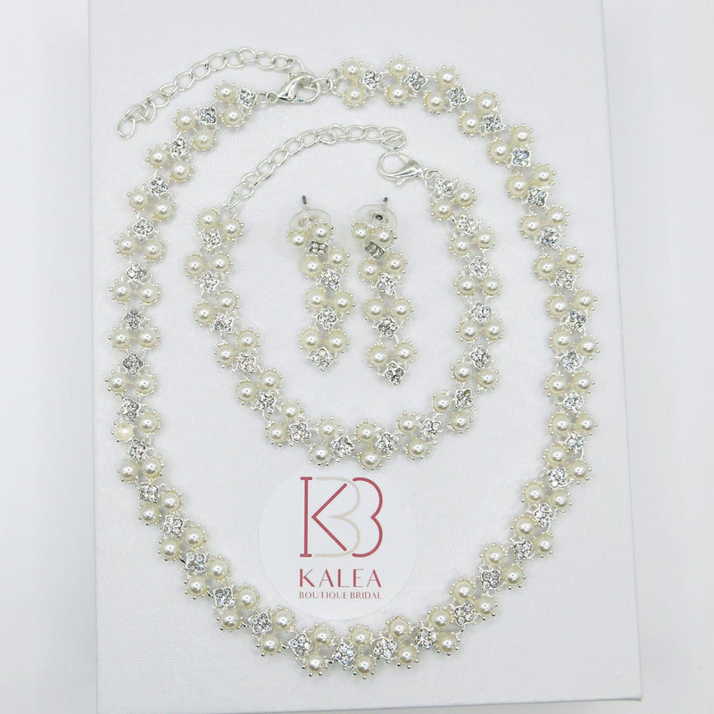 Double Layer Pearl 4 PC Jewelry Set, Pearl and Crystal 4 PC Wedding Jewelry, Bridal Pearl Necklace, Earrings and Bracelet Set - KaleaBoutique.com