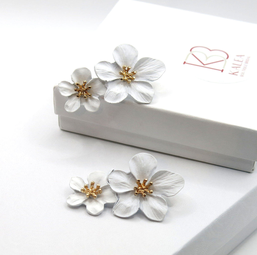 Double White Flower Earrings, Wedding Floral Dangle Studs, Bridal Flower Dangle Stud Earrings - KaleaBoutique.com