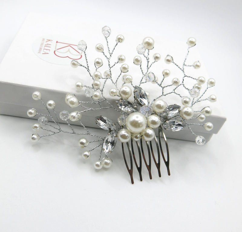 Floating Pearl Bridal Hair Comb, Wedding Floral Pearl Hairpiece, Small Decorative Hair Comb for Brides or Bridesmaids - KaleaBoutique.com