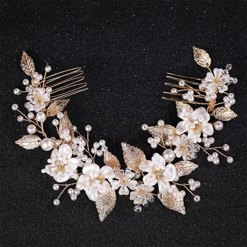 Floral Hair Wire Dual Hair Comb, Bridal Flower Pearl Hair Vine, Wedding Carved Pearl Flower Headband Tiara - KaleaBoutique.com