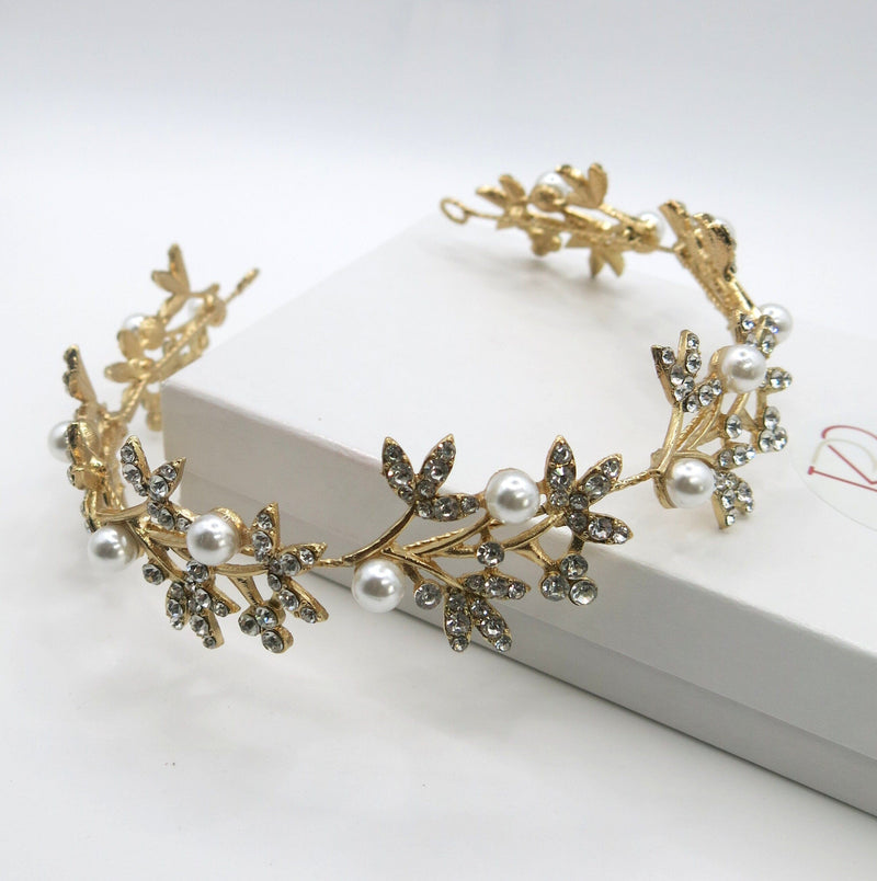 Floral Pearl Rhinestone Crystal Tiara, Bridal Gold Headband, Princess Cosplay Crown Tiara, Wedding Wire Head Wreath - KaleaBoutique.com