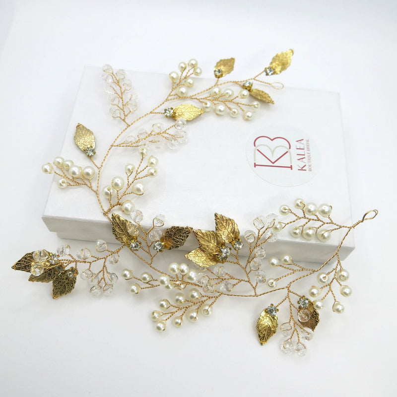Gold Leaf Pearl Branch Hair Vine, Wedding Pearl Wire Headband, Bridal Pearl Wire Head Wreath Tiara - KaleaBoutique.com