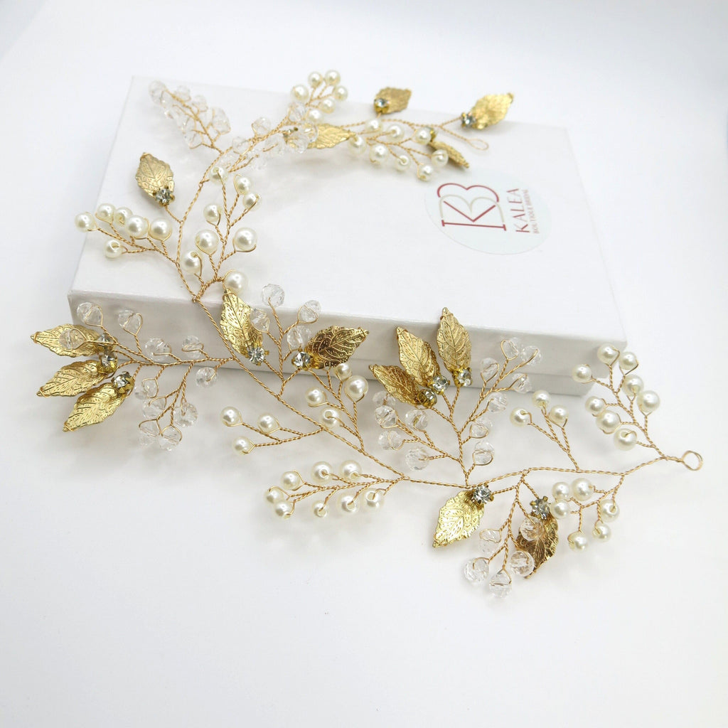 Gold Leaf Pearl Branch Hair Vine, Wedding Pearl Wire Headband, Bridal Pearl Wire Head Wreath Tiara - KaleaBoutique.com