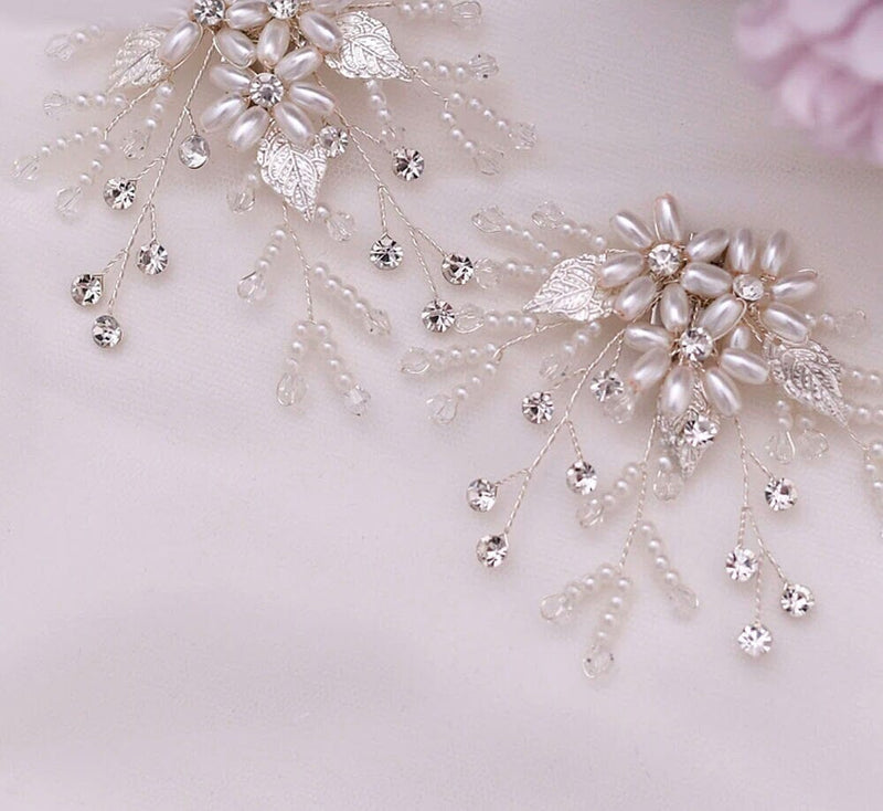 Bridal Pearls and Crystals 2 PC Shoe Clip Set, Wedding Slipper Flower Clip on. Brides Sandal Shoe Clips - KaleaBoutique.com