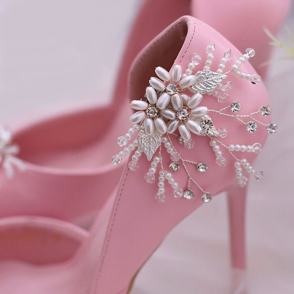 Bridal Pearls and Crystals 2 PC Shoe Clip Set, Wedding Slipper Flower Clip on. Brides Sandal Shoe Clips - KaleaBoutique.com