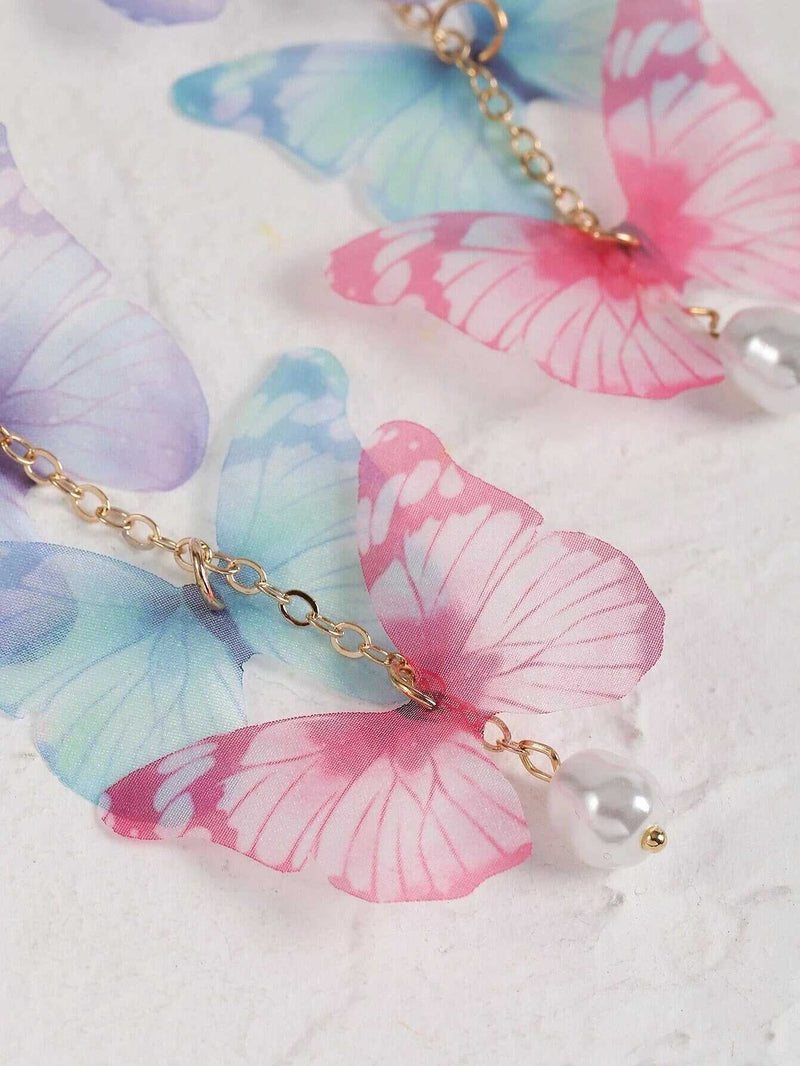 Tri Color Butterfly Chain Dangle Earrings, Chiffon Realistic Butterfly Earrings, Cute Silk Butterfly Wing Earrings - KaleaBoutique.com