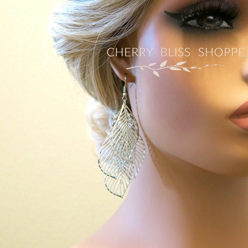 Gold Laser Cut Layered Leaf Earrings, Silver Dangle Boho Fashion Earrings for Prom, Wedding, Bridal Shower - KaleaBoutique.com