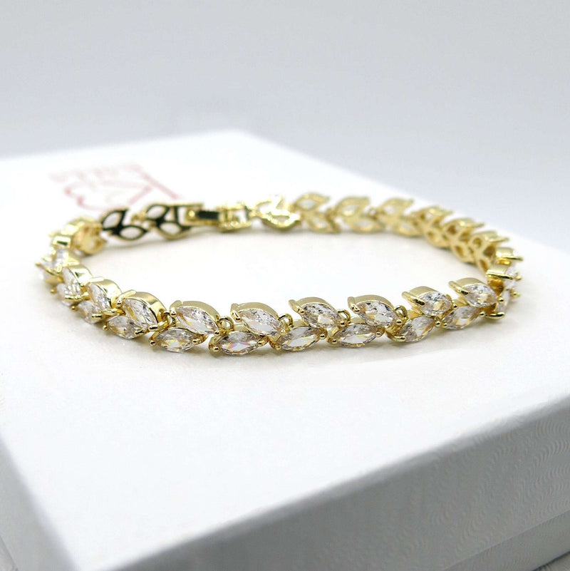 Bridal Crystal Bracelet, CZ Diamond Gold Plated Bracelet, Bridesmaid Sparkling Gem Bracelet, Wedding Crystal Leaf Bracelet - KaleaBoutique.com