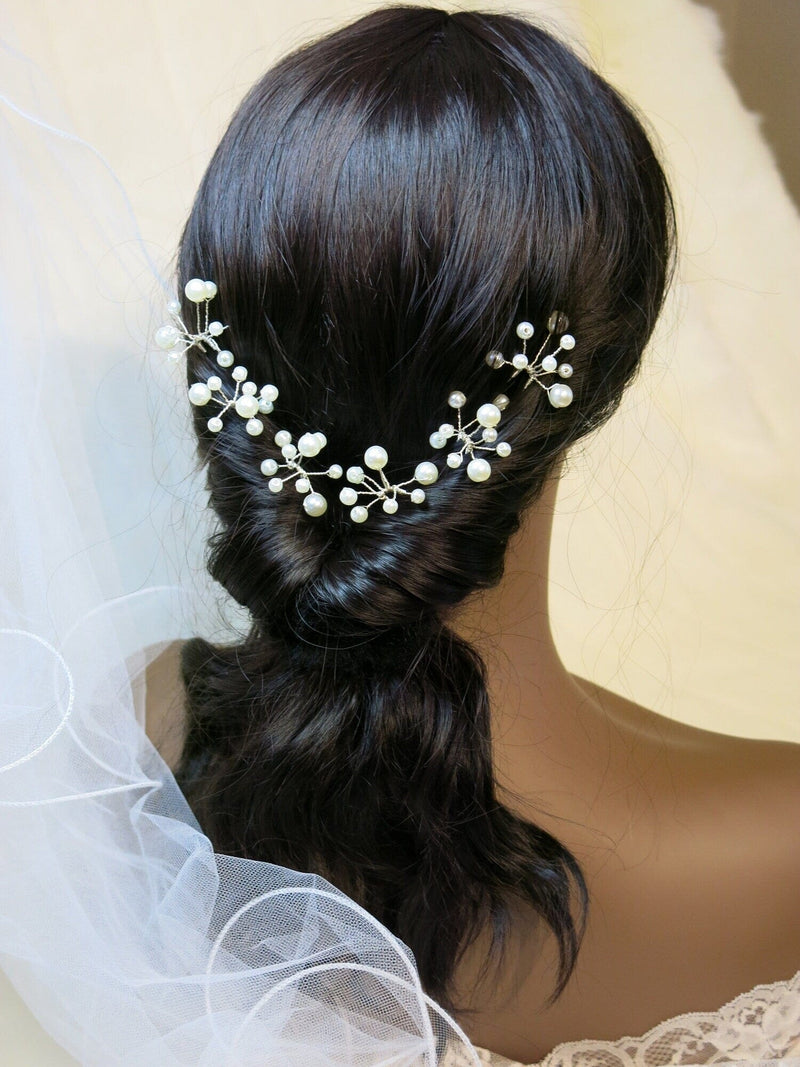 Pearl Starburst Bridal Hairpin Set, Wedding Silver Wire Pearl Hair Pins, Minimalist Bridal Pearl Headpins - KaleaBoutique.com