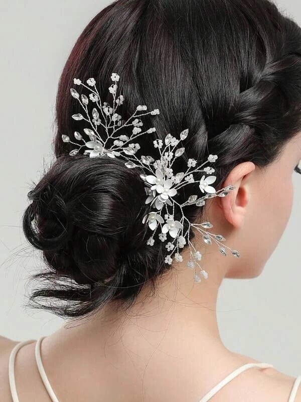 Metal White Flower 2 PC Hairpin Set, Wedding Rhinestone Crystal Large Floral Hair Pins for Brides - KaleaBoutique.com