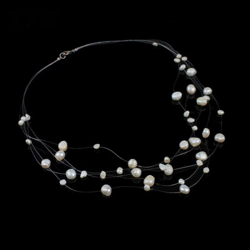 Multi Strand Genuine Floating Pearl Necklace, Bridal Minimalist Wedding Natural Pearl Necklace - KaleaBoutique.com