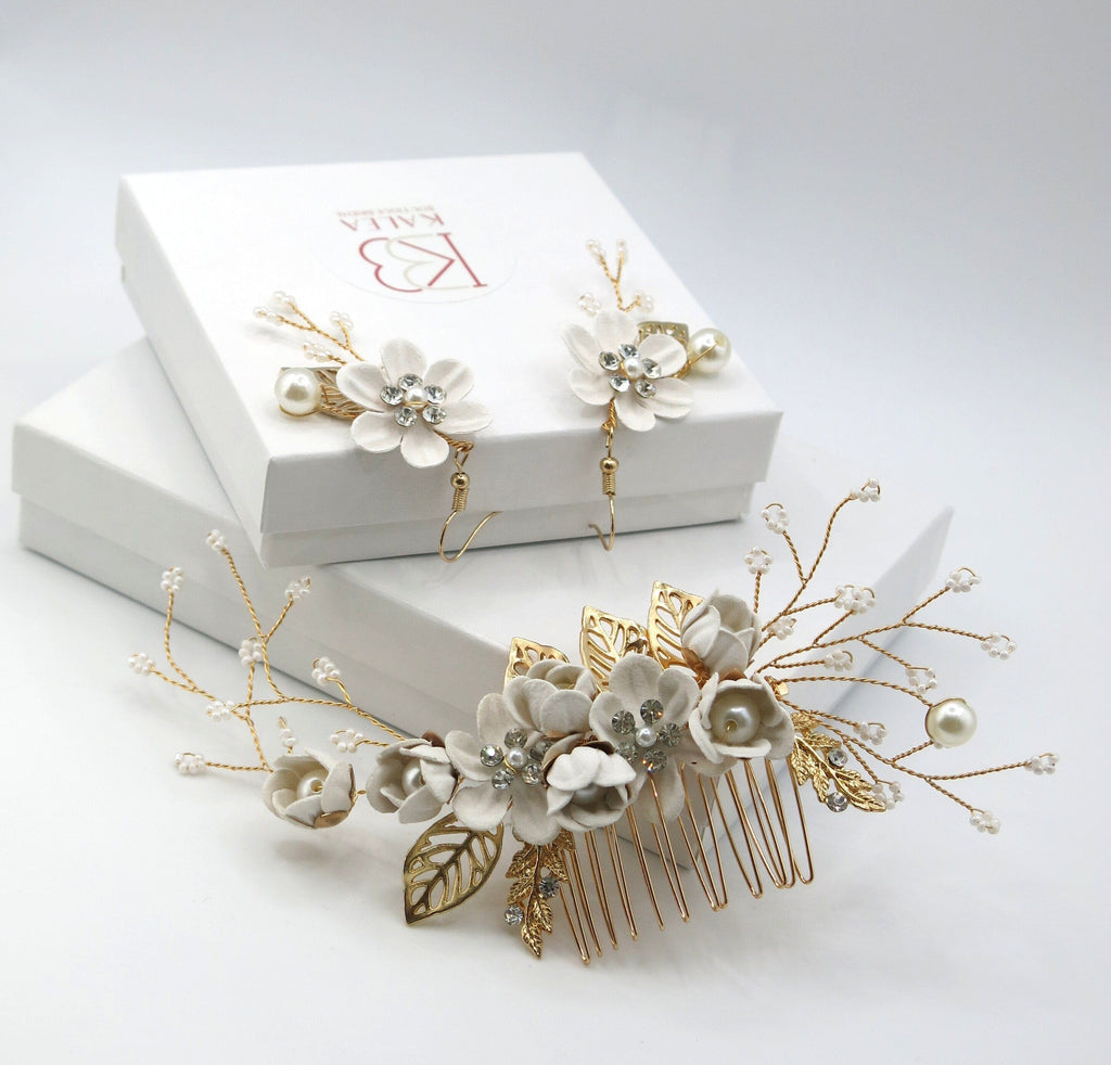 Off White Floral Hair Comb and Earrings 3 PC Set, Ivory Decorative Hair Comb and Earrings, Antique White Bridal Jewelry Set - KaleaBoutique.com