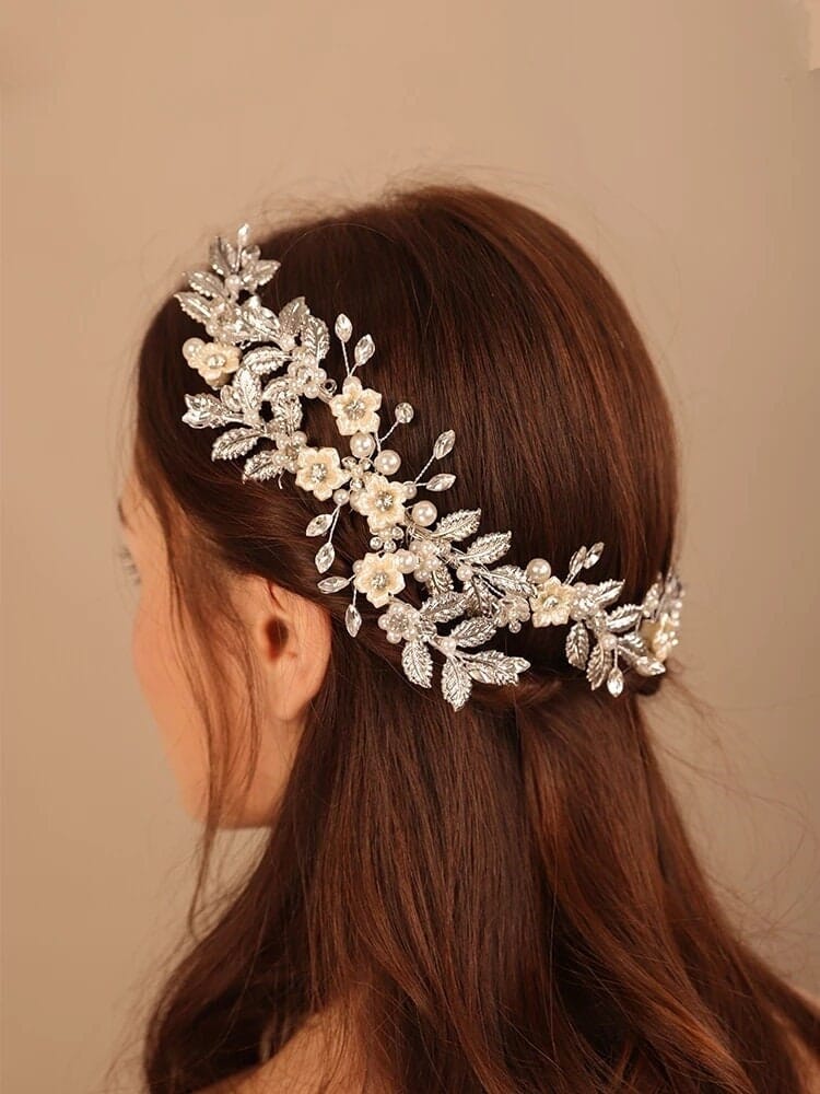 Pearl Flower Hair Vine Head Wreath, Gold Leaf Bridal Head Wreath, Wedding Crown Bride Hair Comb Tiara Headpiece - KaleaBoutique.com