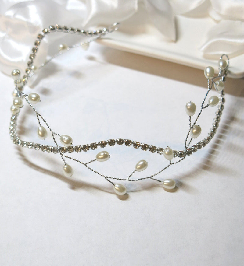 Princess Bride Pearl Tiara, Wedding Pearl Wire Crystal Head Wreath, Silver Double Strand Headband Hair Vine - KaleaBoutique.com